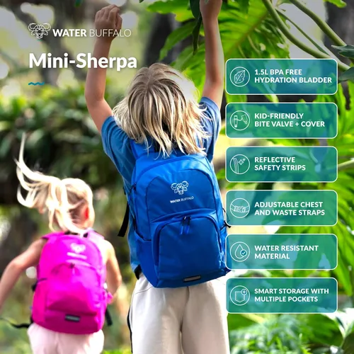 Miniatura 2 de Water Buffalo Mini mochila de senderismo Sherpa para niños y mochila de hidratación, con vejiga de 1.5 L, ajuste ajustable, ribete reflectante, Rosa