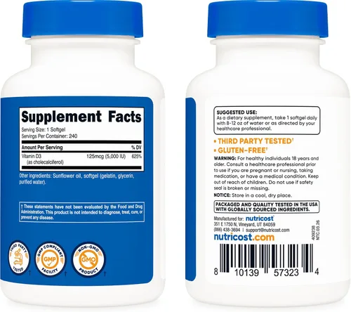 Miniatura 4 de Nutricost Vitamina D3 5,000 UI, 240 cápsulas blandas - Vitamina D sin OMG y sin gluten