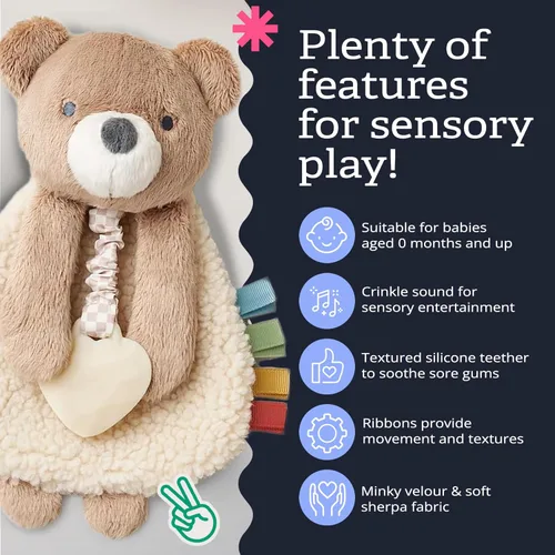 Miniatura 4 de Itzy Ritzy - Itzy Lovey incluye mordedor - Baby Lovey con mordedor, cintas texturizadas y brazos colgantes - Cuenta con sonido arrugado, tela Sherpa