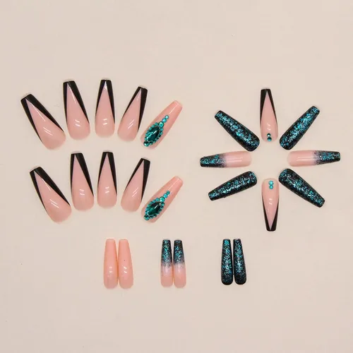 Miniatura 3 de MISUD Uñas postizas a presión – Uñas postizas largas con punta francesa negra, diseño de diamantes de imitación verde acrílico, 24 piezas 01702verde