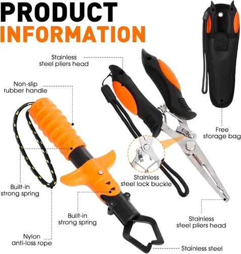 Miniatura 3 de RoundFunny Kit de herramientas de pesca de 10 piezas, alicates de pesca con cordón y fundas protectoras, salabre, cuchillo de filete, balanza