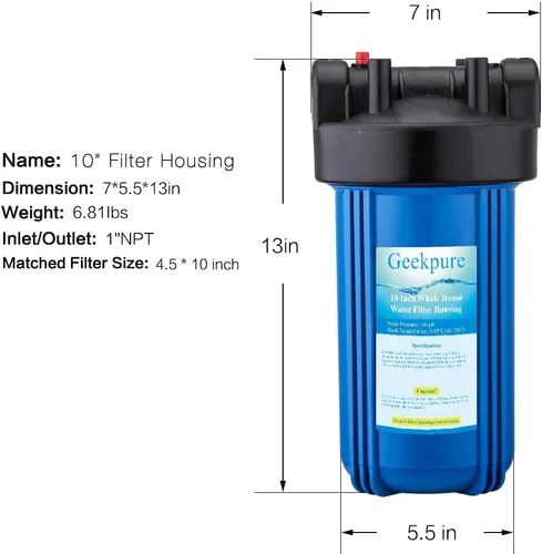 Miniatura 5 de Geekpure Sistema de filtración de agua para toda la casa con carcasa de 10 pulgadas, puerto de 1 pulgada y filtro de sedimentos PP de 4.5 x 10
