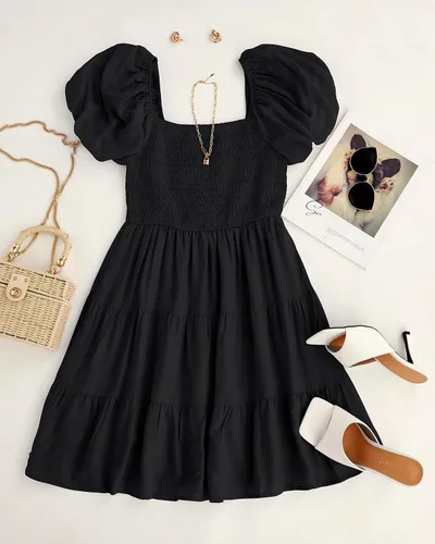 Miniatura 5 de ZESICA Mini vestido corto de verano bohemio 2025 con cuello cuadrado, manga abombada, hombros descubiertos, fruncido, escalonado, casual