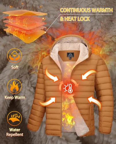 Miniatura 13 de MAGCOMSEN Chaqueta acolchada para hombre con capucha, forro de vellón, chaqueta térmica resistente al agua, chaqueta de plumón con cremallera