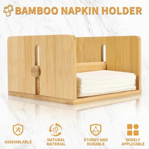 Miniatura 5 de Servilletero de bambú para mesa, servilletero cuadrado con brazo pesado, soporte de papel de cóctel de madera para cocina, comedor y fiesta