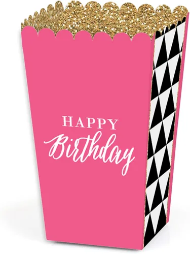 Big Dot of Happiness Chic Happy Birthday - Cajas de palomitas de maíz para fiesta de cumpleaños, color rosa, negro y dorado, juego de 12