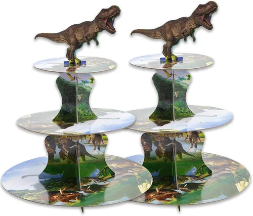 Miniatura 7 de Soporte para cupcakes de dinosaurio de 3 niveles para fiesta de cumpleaños de niños, soporte de cartón para 24 cupcakes
