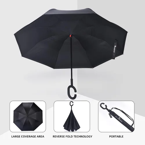 Miniatura 2 de SY COMPACT Paraguas invertido resistente al viento de doble capa con mango en forma de C, paraguas recto para automóvil, tienda de lluvia