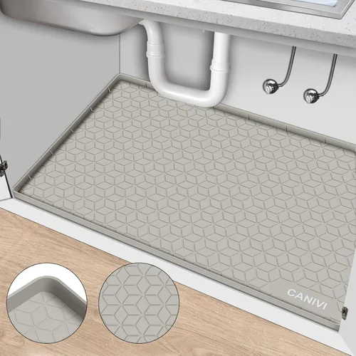 Miniatura 8 de Tapete para debajo del fregadero, 34 x 22 pulgadas, bandeja de silicona impermeable debajo del fregadero para armarios de cocina y lavandería, Azul