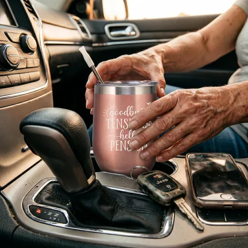 Miniatura 7 de ELEGANTPARK Regalos de jubilación para mujeres 2026, Goodbye Tension Hello Pension Vaso de vino aislado de 12 onzas con tapa y pajilla, divertido