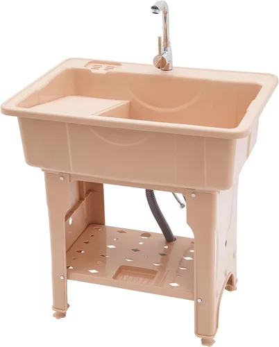 Miniatura 21 de Fregadero de plástico independiente con tabla de lavadero, lavabo para lavandería, lavabo con grifo caliente y frío para garaje, sótano, jardín