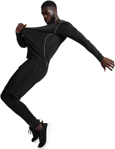 Miniatura 6 de BUYJYA Pantalones de compresión para hombre, camisa de manga larga, conjuntos atléticos, ropa de gimnasio, entrenamiento, 5 uds
