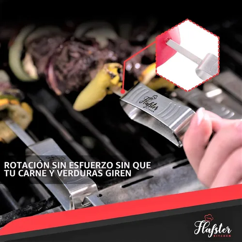 Miniatura 5 de FLAFSTER KITCHEN - Brochetas de barbacoa para asar – Palos de Kebab planos de acero inoxidable de 16 pulgadas con barra de empuje, brochetas