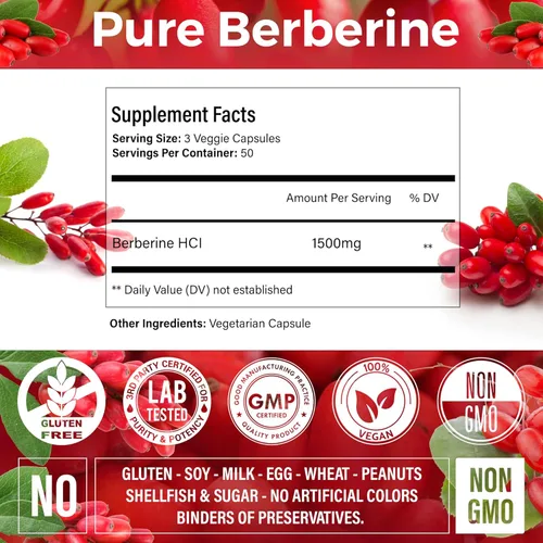 Miniatura 7 de Suplemento de berberina premium, 150 cápsulas – Suministro para 50 días, 1500 mg de berberina por porción, Berberina HCI hecha de ingredientes 100%