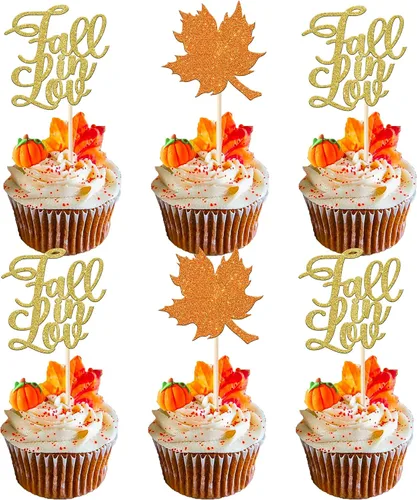 Rsstarxi Paquete de 24 adornos para cupcakes con purpurina de otoño de hojas de arce de otoño, palillos para cupcakes, decoración de pasteles para