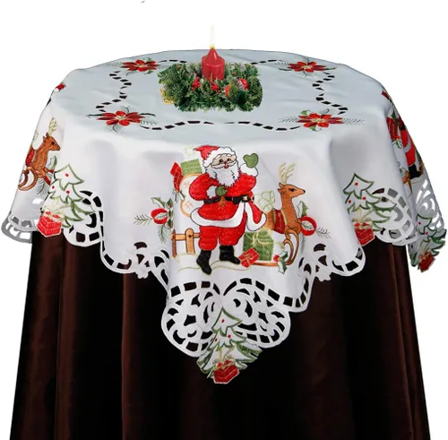 Miniatura 7 de Creative Linens Juego de 4 manteles individuales bordados de Navidad con Papá Noel, reno, flor de pascua, 11 x 17 pulgadas, color blanco