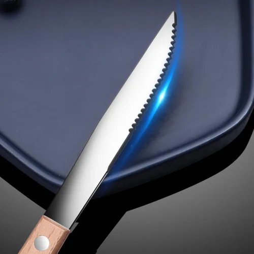 Miniatura 5 de Juego de 20 cubiertos de acero inoxidable con mango de madera maciza para 4 personas, cuchillo para carne, cuchara de postre (oscuro)