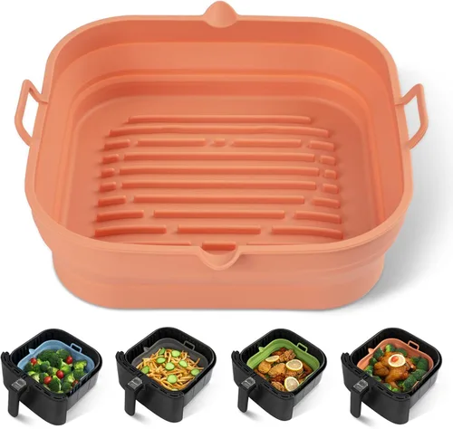 Miniatura 10 de [Paquete de 2] Forros cuadrados de silicona para freidora de aire – Cesta reutilizable para freidora de aire – Olla fácil de limpiar para freidora