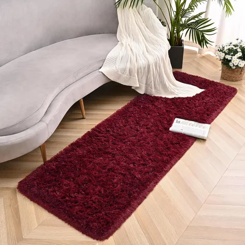 Miniatura 2 de Alfombras de pasillo de color rojo burdeos para dormitorio, sala de estar, alfombras de noche esponjosas de 2 x 4 pies, alfombra suave y lanuda