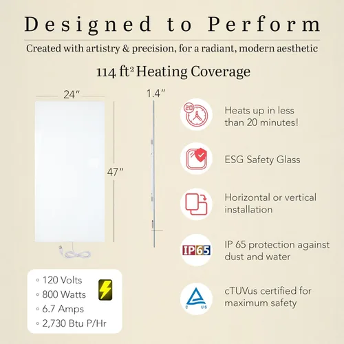 Miniatura 2 de Panel de calentador de pared infrarrojo blanco de 800 W, panel de calor radiante eléctrico de 24 x 47 pulgadas, calentador de espacio de eficiencia