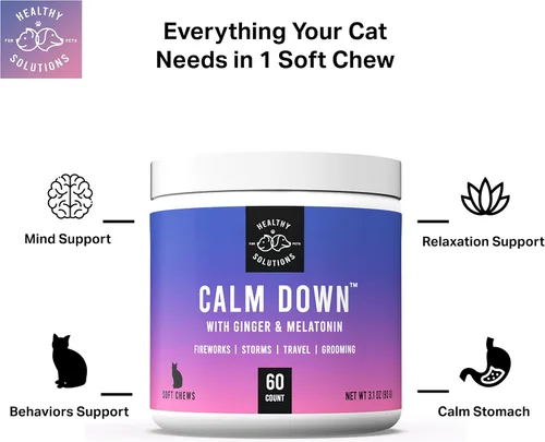 Miniatura 2 de Masticables calmantes para gatos – Golosinas calmantes para gatos para la ansiedad, ayuda para aliviar el estrés, tormentas, aseo, fuegos