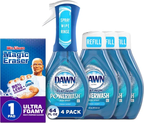 Paquete de Dawn Platinum Powerwash - Spray para platos, jabón para platos, paquete de aroma fresco, 1 spray (16 onzas) + 3 repuestos (16 onzas cada
