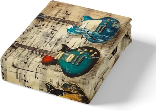 Miniatura 4 de Juego de sábana bajera ajustable para niños con diseño de guitarra eléctrica, estilo retro, diseño de notas musicales, decoración de habitación