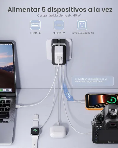 Miniatura 2 de EPICKA Air 40W Adaptador de viaje universal, adaptador de corriente internacional de carga rápida PD con 1 AC y 4 puertos USB, artículos compactos