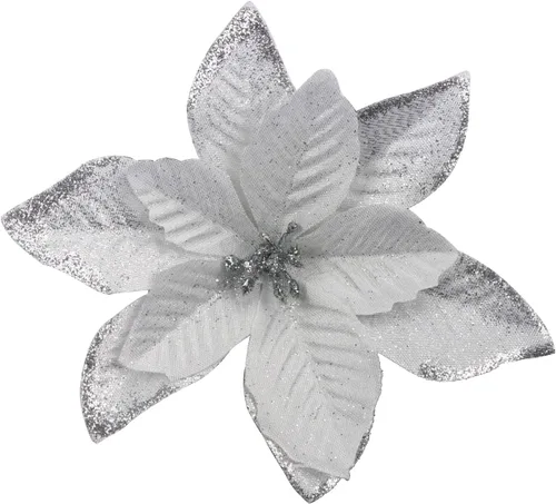 Miniatura 27 de YYCRAFT 12 flores artificiales de seda brillante con purpurina para decoración de árbol de Navidad (plata, 8 pulgadas)