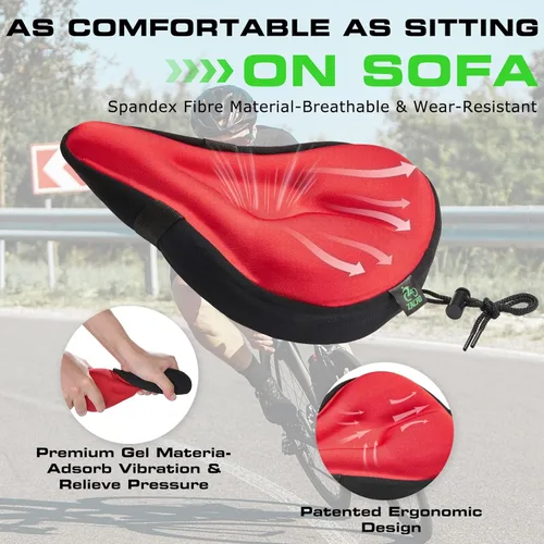 Miniatura 3 de Zacro Cojín de asiento de bicicleta, funda acolchada de gel para asiento de bicicleta para hombres y mujeres, cómodo, asiento de bicicleta Rojo