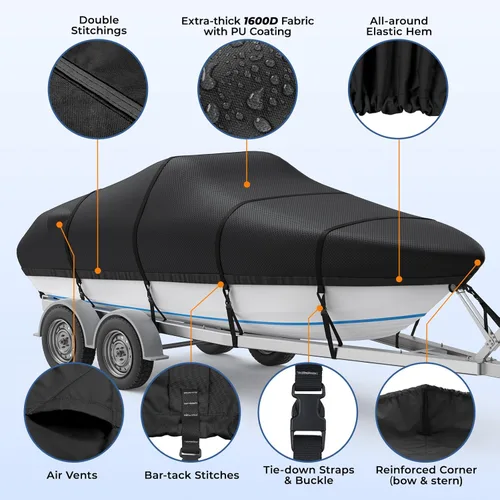 Miniatura 6 de RVMasking Funda para barco, lona de poliéster 1600D ultra gruesa con revestimiento impermeable de poliuretano doble, se adapta a Tri-Hull, V-Hull