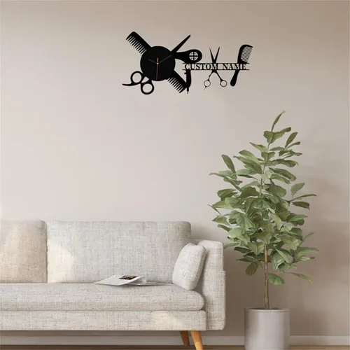 Miniatura 4 de Reloj de pared de peluquero personalizado para dormitorio, sala de estar, nombre personalizado, diseño moderno, peluquería, reloj de madera, reloj
