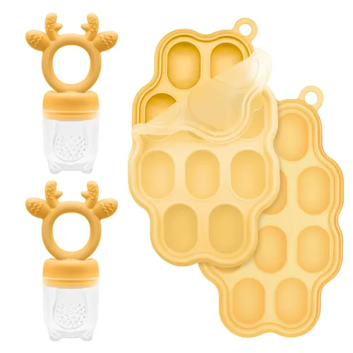 Alimentador de frutas y moldes para paletas de leche materna para aliviar la dentición, sin BPA, de silicona, mordedor, chupete y mini bandeja para
