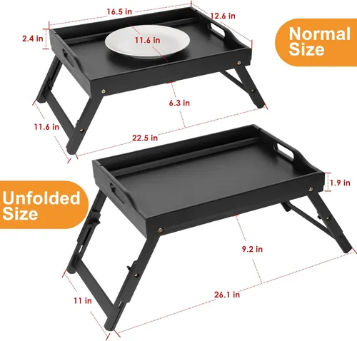 Miniatura 6 de Greenual Paquete de 2 bandejas para cama con asas y patas plegables, bandeja de desayuno de bambú con ranura para medios, uso como plato, escritorio