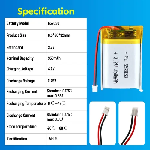 Miniatura 5 de 652030 Batería Lipo de 3.7V 350mAh 652030 Cargable Paquete de Batería de Polímero de Litio con Conector JST PH2.0mm para Dispositivo Electrónico
