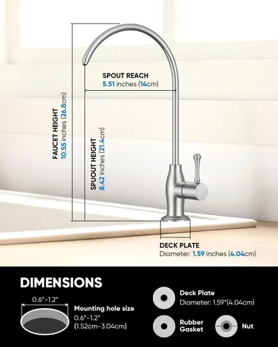 Miniatura 5 de WEWE Grifo de agua potable vintage, grifo de filtro de agua de cocina de acero inoxidable sin plomo para sistema de ósmosis inversa, grifo de Níquel