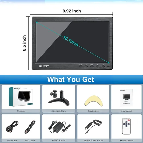 Miniatura 2 de Haiway Monitor de seguridad de 10.1 pulgadas, resolución de 1024 x 600, pequeño monitor HDMI, monitores de computadora pequeños con control remoto