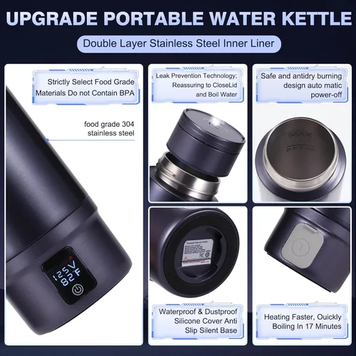 Miniatura 6 de Hervidor Eléctrico para Automóvil con Aislamiento al Vacío, Vaso Térmico de Acero Inoxidable Miicasa Calentador de Agua para Automóvil, Hervidor