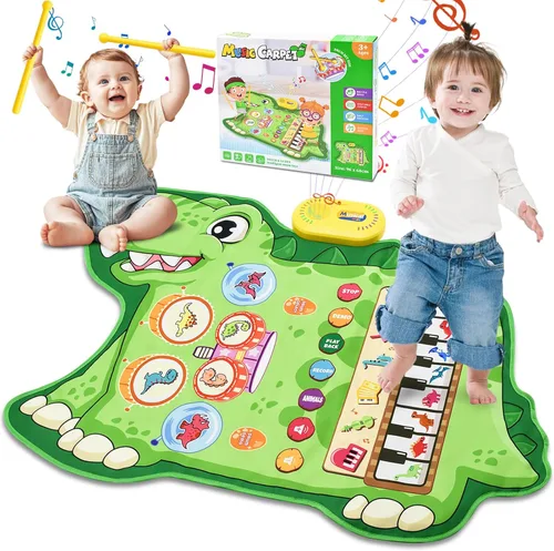 Cyiecw Tapete musical de dinosaurio 3 en 1, tapete de piano para jugar, regalo para niñas de 1, 2 y 3 años, juguetes sensoriales de aprendizaje