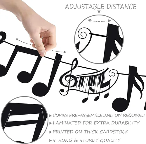 Miniatura 4 de Cartel de feliz cumpleaños con notas musicales, decoraciones de fiesta musical negra para tema de piano, suministros de baby shower