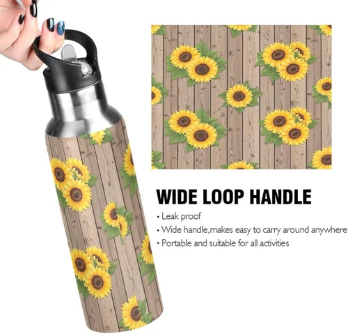 Miniatura 4 de Sunflowers Rustic Wooden Insulated Water Bottle 20 Oz Leakproof Water Bottles, BPA-Free Sports Water Bottle with Straw