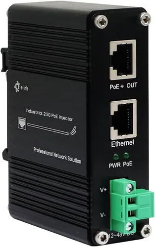 E-link Inyector industrial endurecido 2.5G PoE+, adaptador PoE+ de entrada de 12 ~ 48 V, salida IEEE802.3af/at 30W hasta 328ft, instalación de