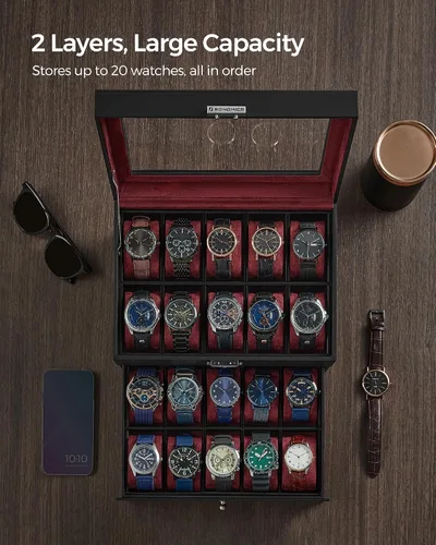 Miniatura 4 de SONGMICS Caja de reloj de 20 ranuras, caja de reloj con tapa de vidrio, 2 capas, vitrina de reloj con cerradura, cuero sintético negro, forro rojo