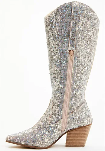 Miniatura 2 de olomisa Botas de diamantes de imitación para mujer, botas vaqueras altas hasta la rodilla, punta puntiaguda, tacón grueso, botas de vaquera