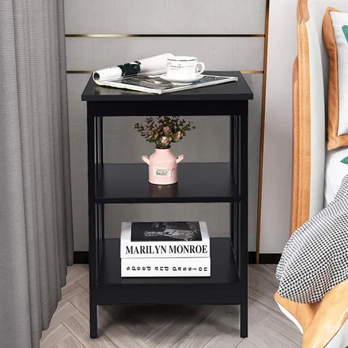 Miniatura 9 de Giantex Mesita de noche de 3 niveles, mesa auxiliar moderna con estantes de almacenamiento y barras reforzadas, mesas de noche versátiles, mesa