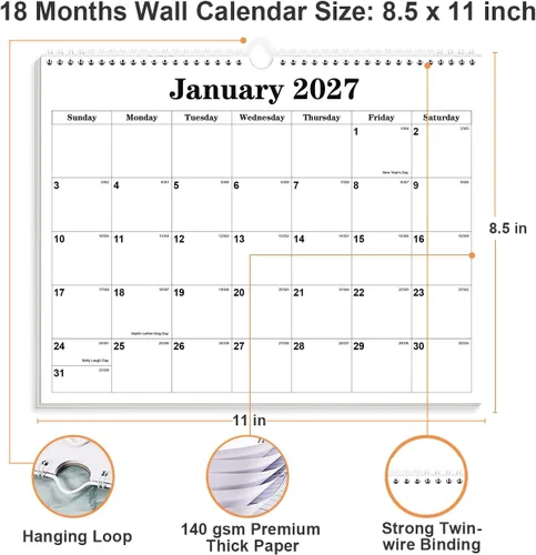 Miniatura 3 de Calendario 2026 – Calendario 2026-2027 de enero de 2026 a junio de 2027, calendario de pared colgante con encuadernación en espiral 2026