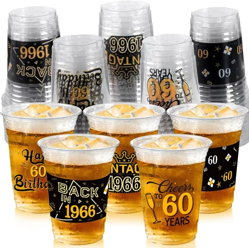 50 vasos de plástico para fiesta de cumpleaños número 60 a granel, 16 onzas, vasos desechables de plástico negro dorado para celebrar cumpleaños de