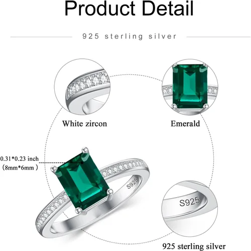 Miniatura 3 de Gnteey Anillos de plata de ley 925 de 0.315 x 0.236 in, con piedra natal de corte esmeralda, anillo de compromiso para mujer