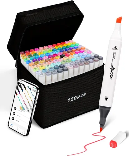 Brled - Juego de marcadores a base de alcohol de 120 colores con aplicación gratuita, juego de marcadores de punta cincel y fina a base de alcohol