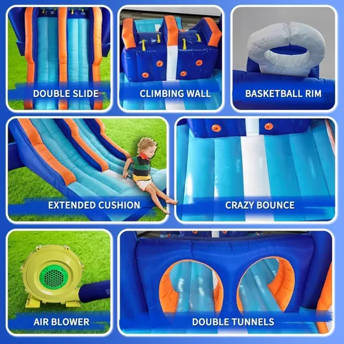 Miniatura 7 de Casa de Rebote Inflable con Pista de Obstáculos para Niños - 2 Toboganes de Carreras, Área de Salto, Túnel y Paredes de Escalada con Soplador